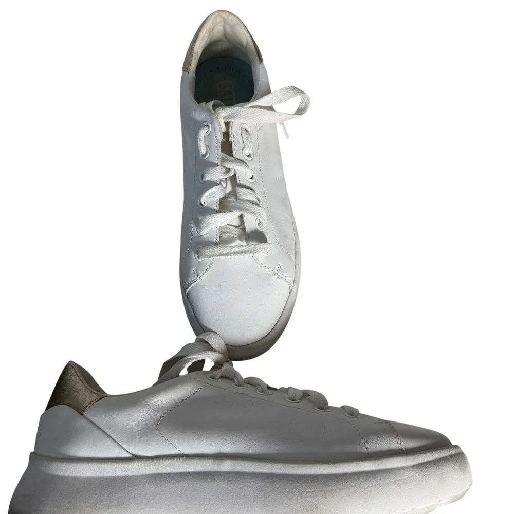 Geox Respira White Leather Low Top Sneakers Gold Heel Tab Womens 10.5 EUR 41
